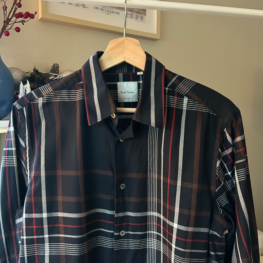 Paul Smith Men's Striped Plaid Shirt - Black, Brown, and Red